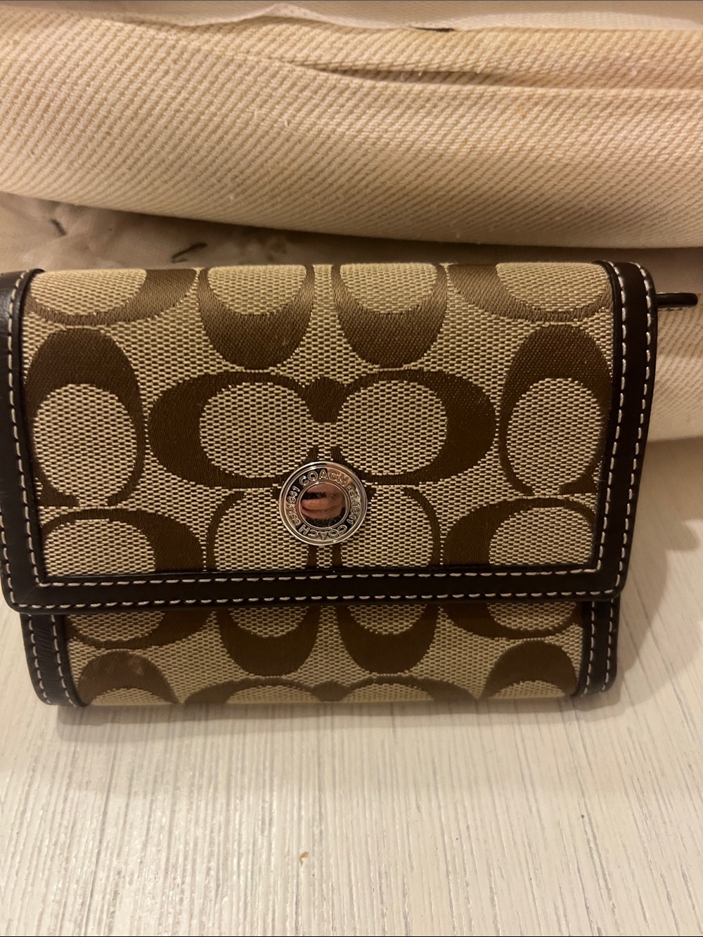 Coach Khaki and Brown Signature Canvas Trifold Wallet